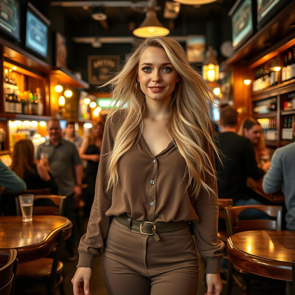 A full body photo of a beautiful 27-year-old Caucasian woman with long light blonde hair flowing elegantly and big round wide brown eyes