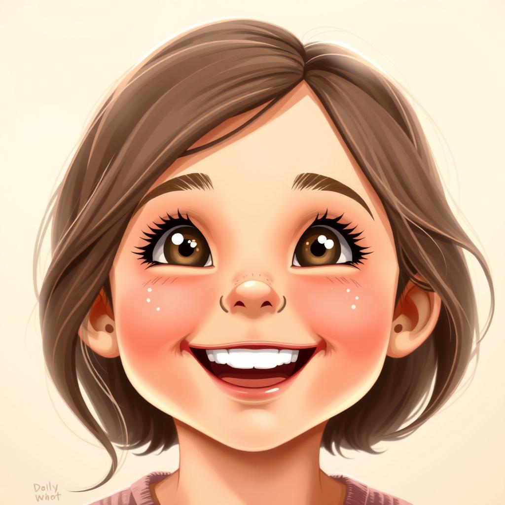 An illustration of a realistic, full face of a smiling girl, capturing the joy and innocence of childhood