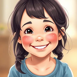 An illustration of a realistic, full face of a smiling girl, capturing the joy and innocence of childhood