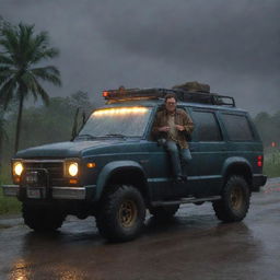 Illustrate Dennis Nedry stepping out of his Jurassic Park vehicle in the midst of the ongoing downpour. He's illuminated by the bleak, stormy sky and the vehicle's lights, ready to face the chaotic situation on Isla Nublar.