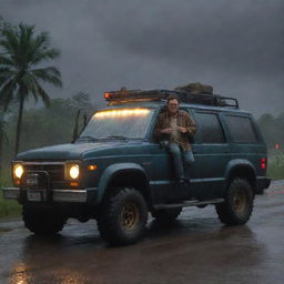 Illustrate Dennis Nedry stepping out of his Jurassic Park vehicle in the midst of the ongoing downpour. He's illuminated by the bleak, stormy sky and the vehicle's lights, ready to face the chaotic situation on Isla Nublar.