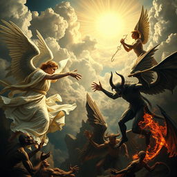 A striking composition inspired by classical Renaissance artwork, featuring an epic confrontation between angels and demons