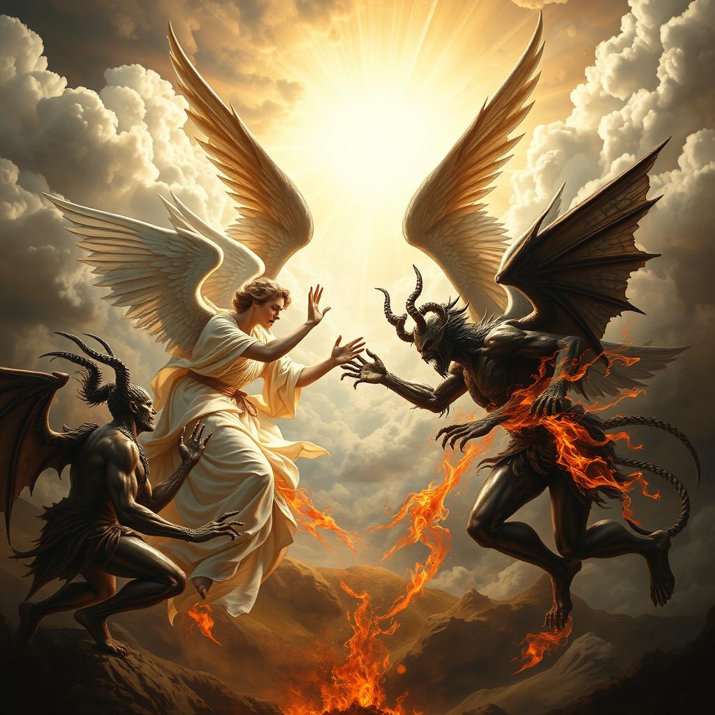 A striking composition inspired by classical Renaissance artwork, featuring an epic confrontation between angels and demons