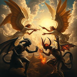 A striking composition inspired by classical Renaissance artwork, featuring an epic confrontation between angels and demons