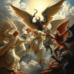 A striking composition inspired by classical Renaissance artwork, featuring an epic confrontation between angels and demons