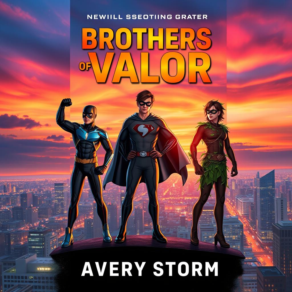 A dynamic book cover featuring three heroic brothers standing triumphantly on a rooftop overlooking a vibrant city skyline at sunset