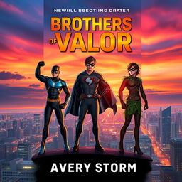 A dynamic book cover featuring three heroic brothers standing triumphantly on a rooftop overlooking a vibrant city skyline at sunset