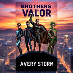 A dynamic book cover featuring three heroic brothers standing triumphantly on a rooftop overlooking a vibrant city skyline at sunset