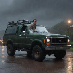 Illustrate Dennis Nedry stepping out of his Jurassic Park vehicle in the midst of the ongoing downpour. He's illuminated by the bleak, stormy sky and the vehicle's lights, ready to face the chaotic situation on Isla Nublar.