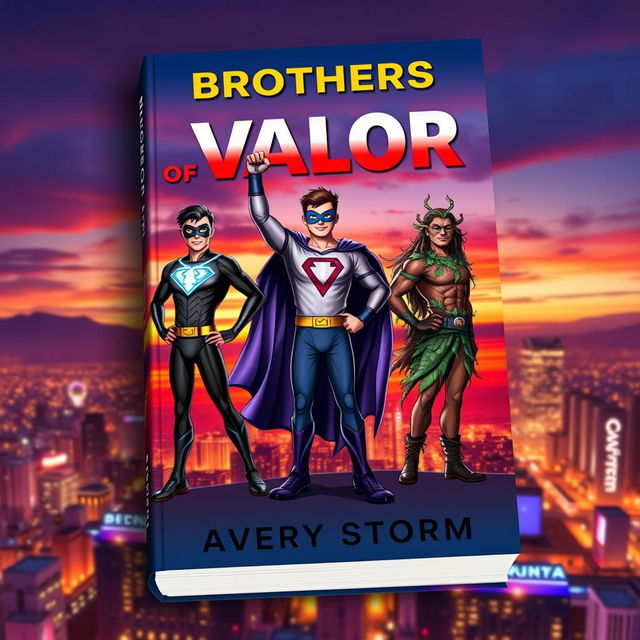 A dynamic book cover featuring three heroic brothers standing triumphantly on a rooftop overlooking a vibrant city skyline at sunset