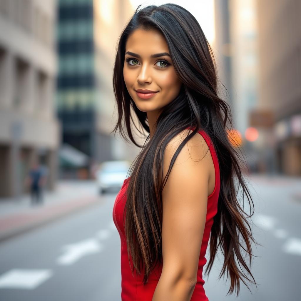 A stunning young woman with long, flowing dark hair and captivating green eyes, wearing a stylish, fitted red dress that accentuates her curves