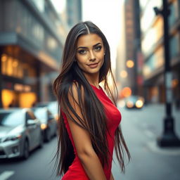 A stunning young woman with long, flowing dark hair and captivating green eyes, wearing a stylish, fitted red dress that accentuates her curves