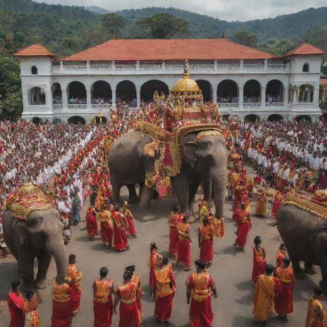 Vibrant image of a grand procession taking place in front of the Dalada Palace in Kandy, Sri Lanka. Elephants decorated with traditional garments, performers in bright costumes, and a large crowd of observers fill the scene.