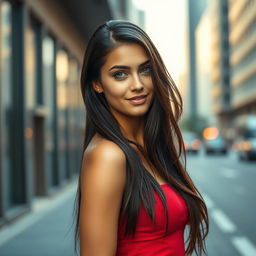 A stunning young woman with long, flowing dark hair and captivating green eyes, wearing a stylish, fitted red dress that accentuates her curves