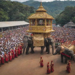 Vibrant image of a grand procession taking place in front of the Dalada Palace in Kandy, Sri Lanka. Elephants decorated with traditional garments, performers in bright costumes, and a large crowd of observers fill the scene.