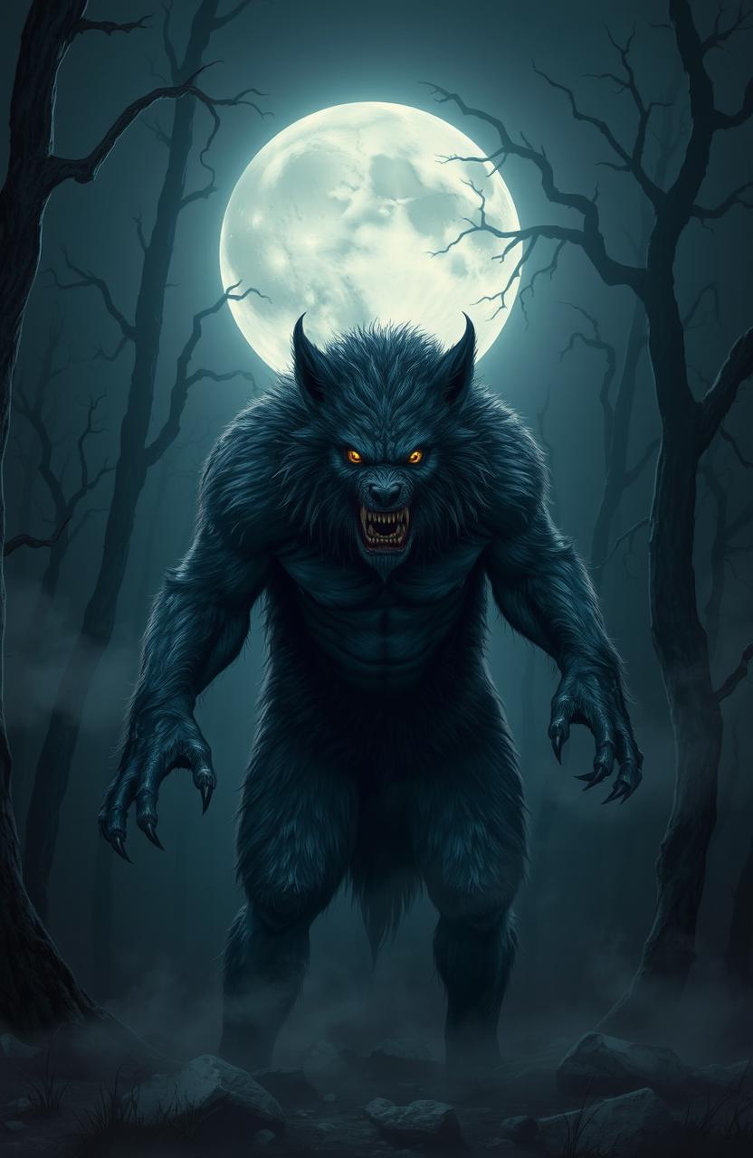 A realistic, menacing werewolf in a dark forest during a full moon night