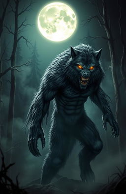 A realistic, menacing werewolf in a dark forest during a full moon night