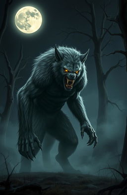 A realistic, menacing werewolf in a dark forest during a full moon night