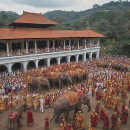 Vibrant image of a grand procession taking place in front of the Dalada Palace in Kandy, Sri Lanka. Elephants decorated with traditional garments, performers in bright costumes, and a large crowd of observers fill the scene.