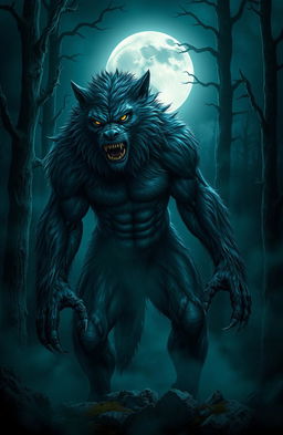 A realistic, menacing werewolf in a dark forest during a full moon night