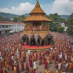 Vibrant image of a grand procession taking place in front of the Dalada Palace in Kandy, Sri Lanka. Elephants decorated with traditional garments, performers in bright costumes, and a large crowd of observers fill the scene.