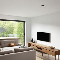 A rectangular living room featuring a stylish TV unit facing an L-shaped couch. Corner windows next to a cozy fireplace bathe the room in natural light, and a comfortable chair sits invitingly near the warmth.