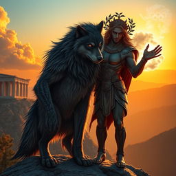 A captivating scene of a werewolf standing on a mountain peak at dusk, overlooking a breathtaking landscape with Greek architecture in the background, symbolizing the world of Olympic gods