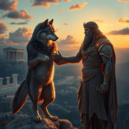 A captivating scene of a werewolf standing on a mountain peak at dusk, overlooking a breathtaking landscape with Greek architecture in the background, symbolizing the world of Olympic gods