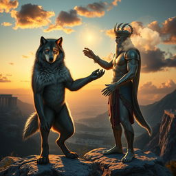 A captivating scene of a werewolf standing on a mountain peak at dusk, overlooking a breathtaking landscape with Greek architecture in the background, symbolizing the world of Olympic gods