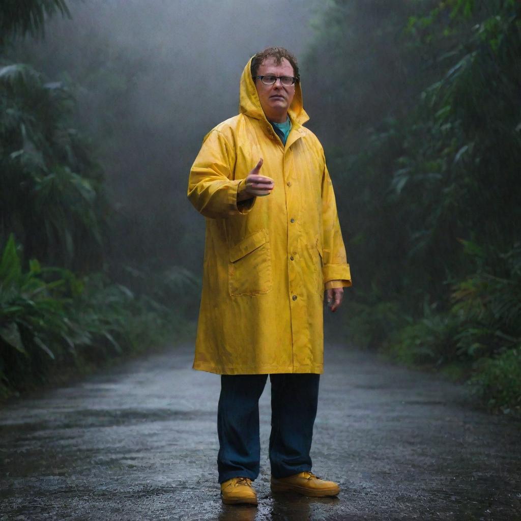 Emphasize the brightness of Dennis Nedry's yellow raincoat, a stark contrast against the dark, stormy night as he braves the heavy downpour on Isla Nublar, ready to face whatever Jurassic Park's power plant crisis throws at him.