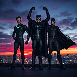 Three heroic brothers standing triumphantly on a rooftop overlooking a vibrant city skyline at sunset