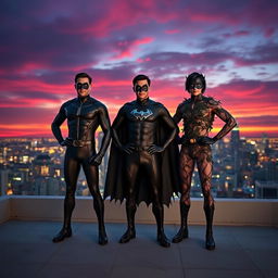 Three heroic brothers standing triumphantly on a rooftop overlooking a vibrant city skyline at sunset