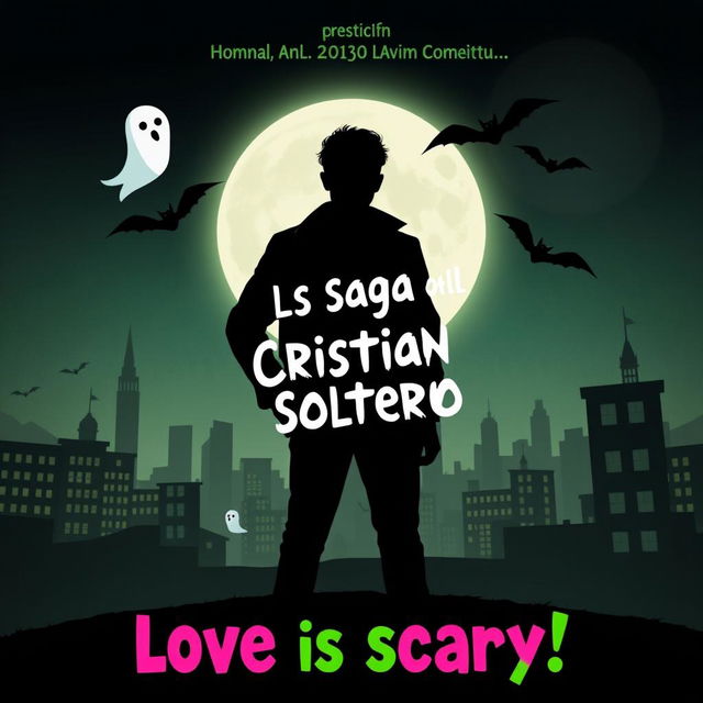 A unique and intriguing movie poster for a romantic comedy titled "La Saga del Cristian Soltero", infused with elements of horror