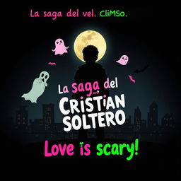 A unique and intriguing movie poster for a romantic comedy titled "La Saga del Cristian Soltero", infused with elements of horror