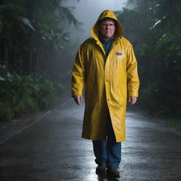 Emphasize the brightness of Dennis Nedry's yellow raincoat, a stark contrast against the dark, stormy night as he braves the heavy downpour on Isla Nublar, ready to face whatever Jurassic Park's power plant crisis throws at him.