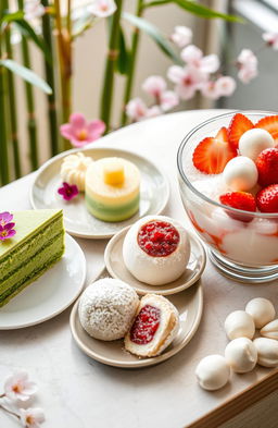 A beautifully arranged table showcasing an assortment of Japanese and Korean desserts