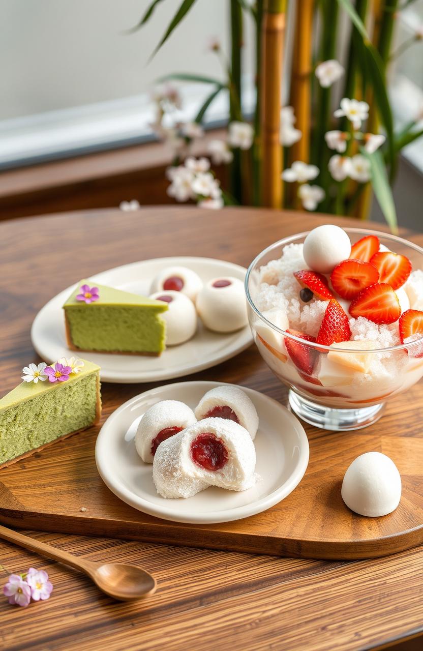 A beautifully arranged table showcasing an assortment of Japanese and Korean desserts