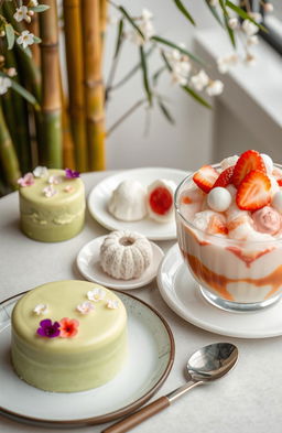 A beautifully arranged table showcasing an assortment of Japanese and Korean desserts