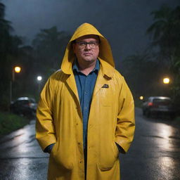 Emphasize the brightness of Dennis Nedry's yellow raincoat, a stark contrast against the dark, stormy night as he braves the heavy downpour on Isla Nublar, ready to face whatever Jurassic Park's power plant crisis throws at him.