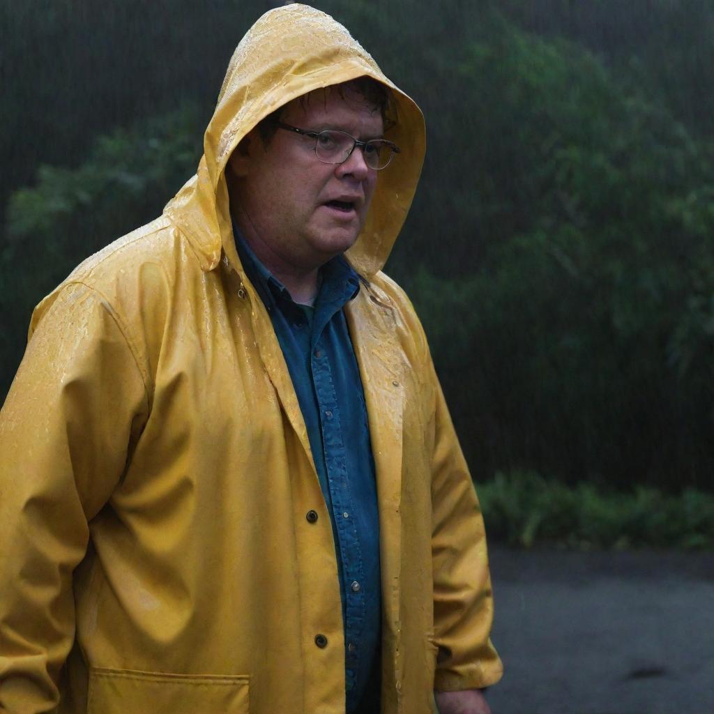 Emphasize the brightness of Dennis Nedry's yellow raincoat, a stark contrast against the dark, stormy night as he braves the heavy downpour on Isla Nublar, ready to face whatever Jurassic Park's power plant crisis throws at him.