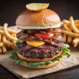 A delectable burger nestled in a broche bun, topped with crispy bacon, melted cheese, fresh lettuce and a juicy tomato slice, accompanied by a side of golden, crispy french fries.