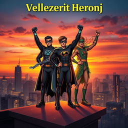 A dynamic book cover featuring three heroic brothers standing triumphantly on a rooftop overlooking a vibrant city skyline at sunset