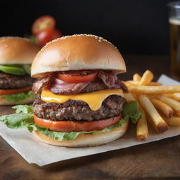 A delectable burger nestled in a broche bun, topped with crispy bacon, melted cheese, fresh lettuce and a juicy tomato slice, accompanied by a side of golden, crispy french fries.