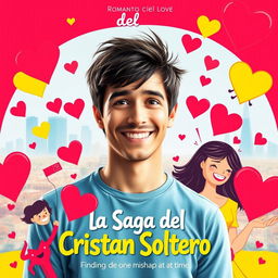 A vibrant and playful movie poster for a romantic comedy titled "La Saga del Cristian Soltero"