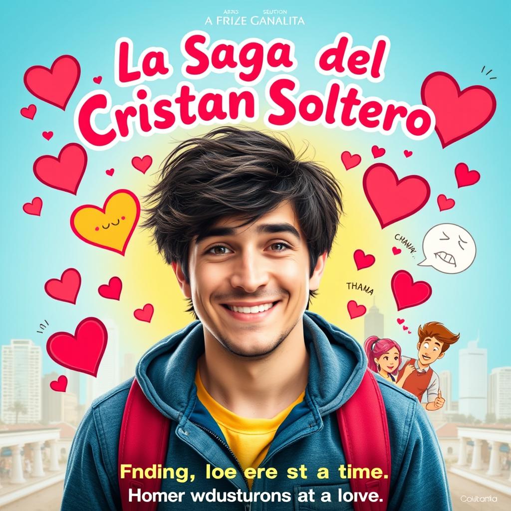 A vibrant and playful movie poster for a romantic comedy titled "La Saga del Cristian Soltero"