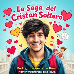 A vibrant and playful movie poster for a romantic comedy titled "La Saga del Cristian Soltero"