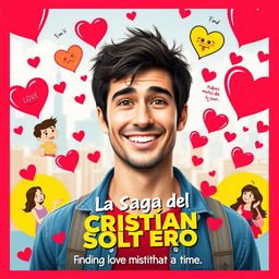 A vibrant and playful movie poster for a romantic comedy titled "La Saga del Cristian Soltero"