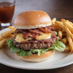 A delectable burger nestled in a broche bun, topped with crispy bacon, melted cheese, fresh lettuce and a juicy tomato slice, accompanied by a side of golden, crispy french fries.