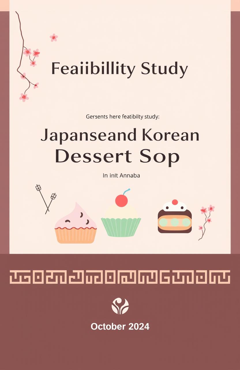 A professional cover design for a business feasibility study titled 'Feasibility Study: Japanese and Korean Dessert Shop in Annaba'