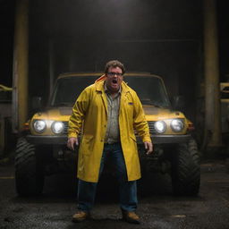 Depict Dennis Nedry, clad in his yellow raincoat, shutting down the power at the power plant, cloaking Isla Nublar in darkness. He quickly retreats back to his Jurassic Park-readied vehicle, a moment of high tension.